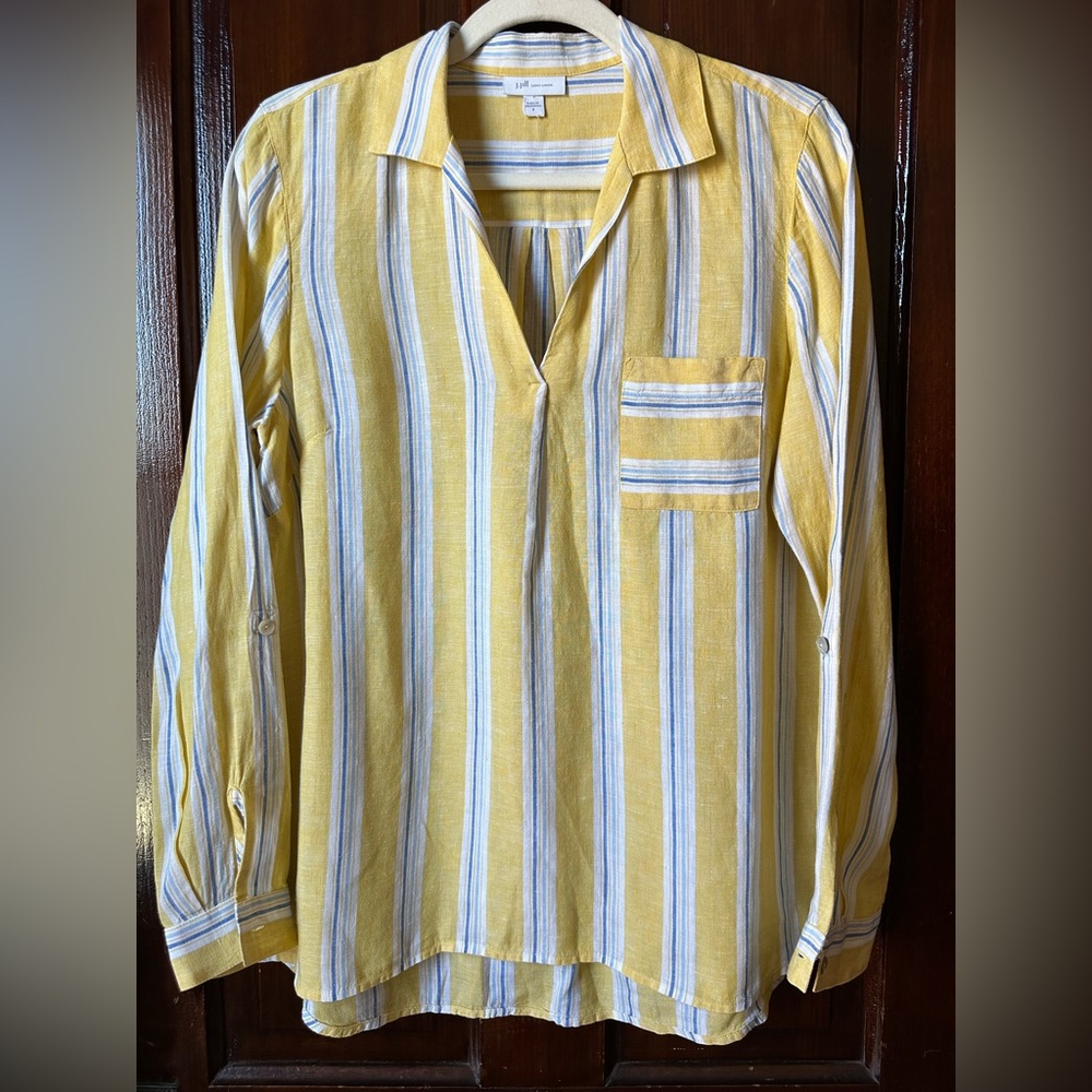J. Jill Love Linen Striped Pullover Top Size S Women’s Oversize Yellow High Low